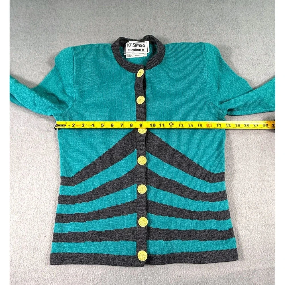 VTG 80s Don Sayres Wellmore Cardigan Wool Rayon USA Teal Gray Womens M Americana - Picture 9 of 9